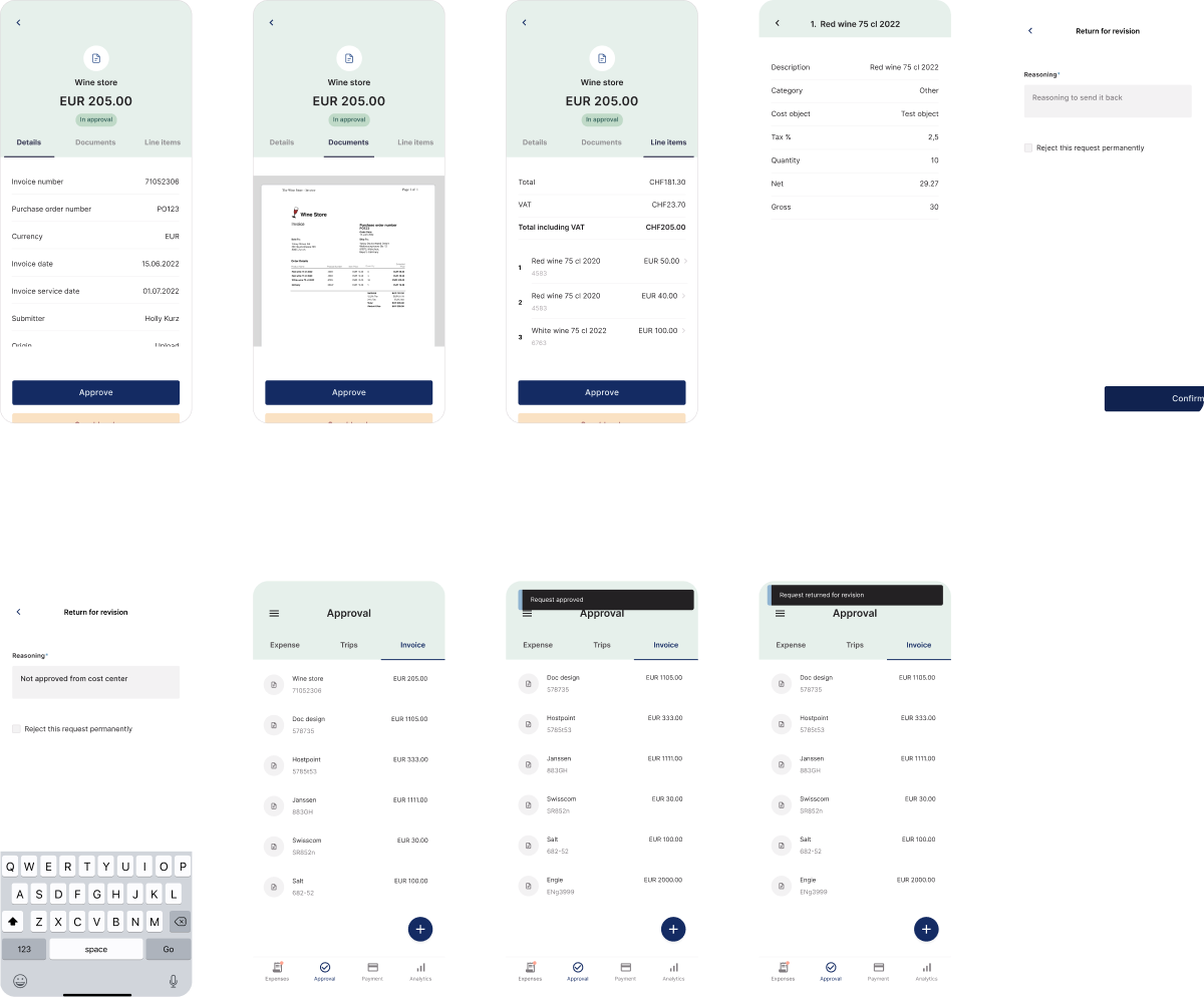 Tab-based prototype — all screens overview